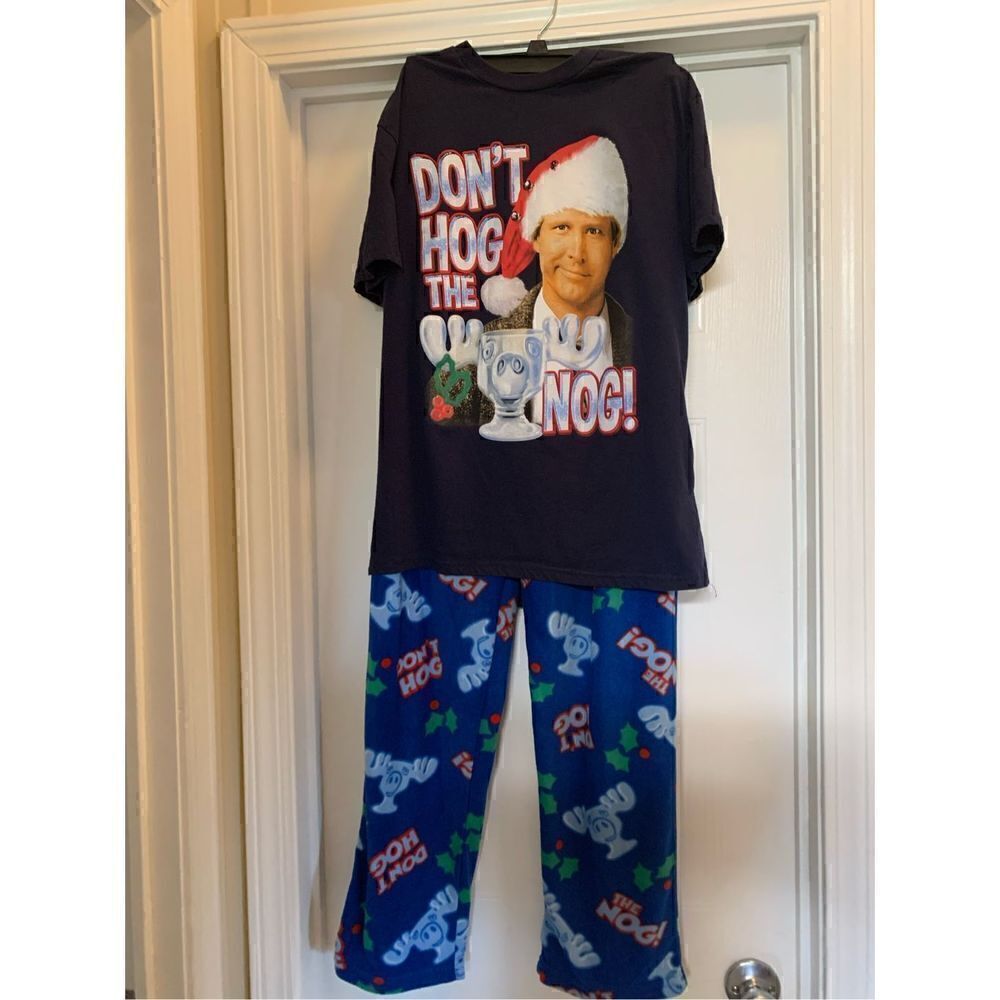 National Lampoon's Men's Don't Hog The Nog 2-Piece Pajama Set Blue Size Medium